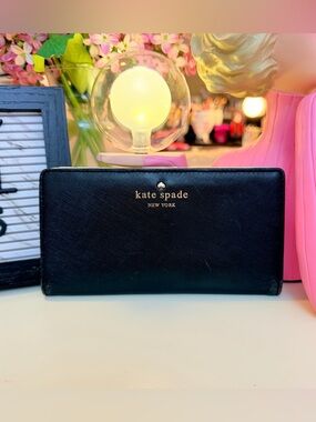 kate spade Black Saffiano Leather Continental Wallet with Gold Logo